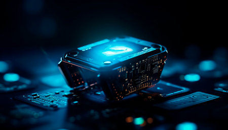 Complex computer chip circuit board powers futuristic wireless technology industry generated by artificial intelligenceの素材