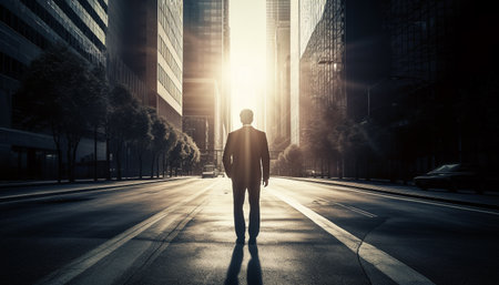 Confident businessman walking towards success in modern cityscape at dusk generated by artificial intelligenceの素材