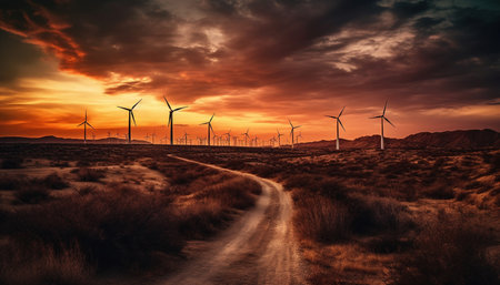 Silhouette of wind turbine spinning on mountain range, renewable energy generated by artificial intelligenceの素材