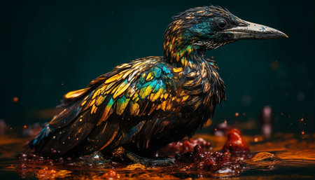 Colorful duck perching on branch, reflecting in tranquil pond water generated by artificial intelligenceの素材