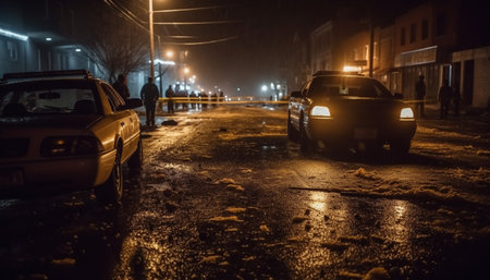Nighttime city driving on wet, slippery asphalt with blurred headlights generated by artificial intelligenceの素材