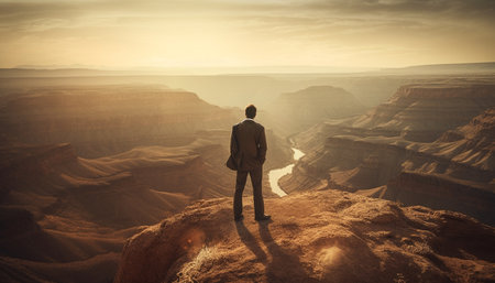 Standing businessman conquering mountain peak, inspired by beauty in nature generated by artificial intelligenceの素材