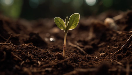 Fresh green seedling grows in muddy soil, symbolizing new beginnings generated by artificial intelligenceの素材