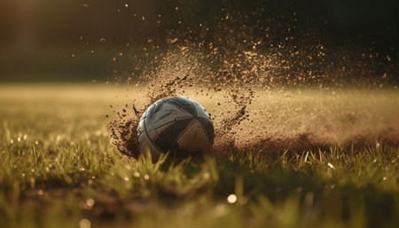 Playing soccer on green grass field under summer sunlight generated by artificial intelligenceの素材