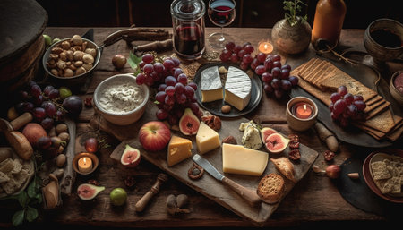 Rustic table with gourmet appetizers, wine bottle, and cheese board generated by artificial intelligenceの素材
