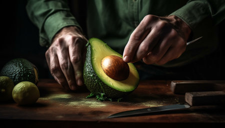 Healthy man prepares gourmet guacamole with fresh organic avocado slice generated by artificial intelligenceの素材