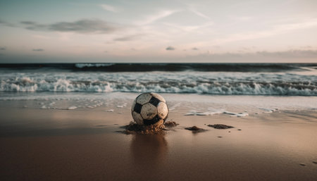 Championship sphere reflects tranquil sunset on idyllic tropical coastline generated by artificial intelligenceの素材