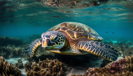Colorful sea turtle swims in tranquil reef environment below water generated by artificial intelligenceの素材