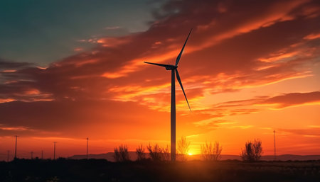 Silhouette of wind turbine spinning against moody sunset sky generated by artificial intelligenceの素材