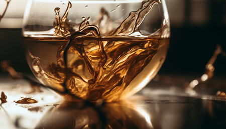 Golden liquid in glass, reflecting luxury and elegance at bar generated by artificial intelligenceの素材