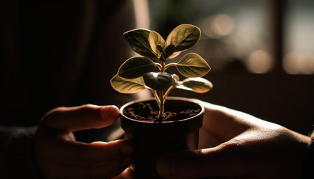New life begins with organic growth, hands holding seedling plant generated by artificial intelligenceの素材