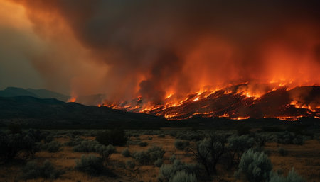 Burning mountain range, inferno sunset, dramatic sky, glowing flame, arid climate generated by artificial intelligenceの素材
