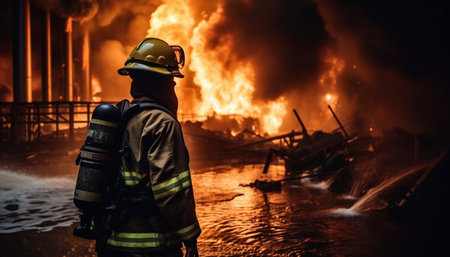 Firefighters working outdoors in burning inferno, wearing protective workwear generated by artificial intelligenceの素材