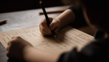 Childhood education One person studying paper with pencil in classroom generated by artificial intelligenceの素材