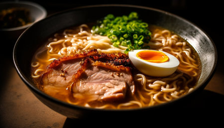 Bowl of ramen noodles with pork, vegetables, and chopsticks generated by artificial intelligenceの素材