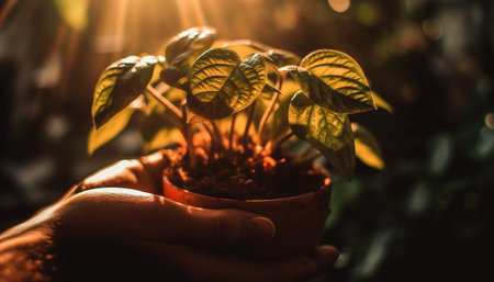 Hand holding fresh seedling, growth in vibrant nature background generated by artificial intelligenceの素材