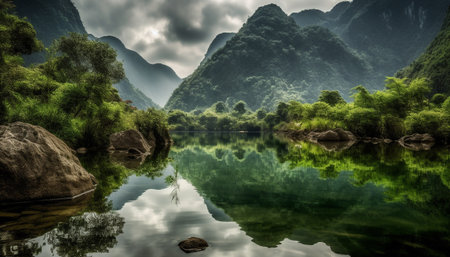 Tranquil scene of mountain range reflected in pond, surrounded by forest generated by artificial intelligenceの素材
