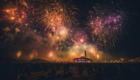 Multi colored fireworks illuminate the dark sky in celebration outdoors generated by artificial intelligenceの素材