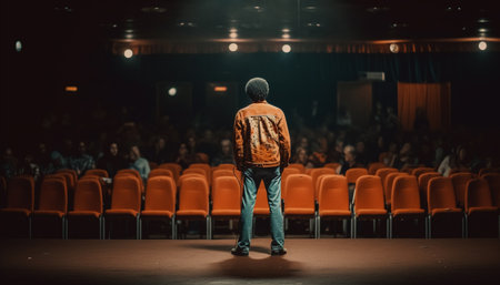 One person sitting in an auditorium watching a theatrical performance generated by artificial intelligenceの素材
