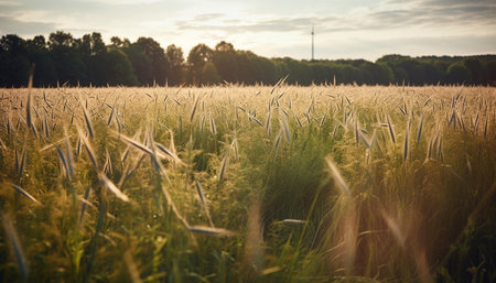 Rural landscape at sunset, wheat growth ripe for harvesting generated by artificial intelligenceの素材
