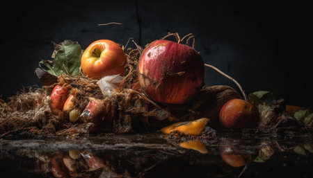 Fresh autumn meal grilled fish with organic pumpkin and tomato generated by artificial intelligenceの素材