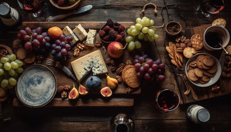 Rustic table with gourmet snacks, wine bottles, and cheese variations generated by artificial intelligenceの素材