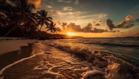 Golden horizon over tranquil waters, palm trees and tropical beauty generated by artificial intelligenceの素材