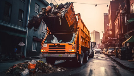 Trucking industry delivers heavy cargo containers to construction site outdoors generated by artificial intelligenceの素材