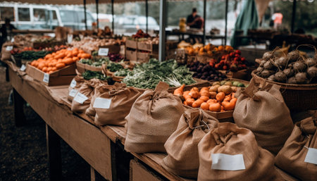 Fresh organic fruits and vegetables in abundance at outdoor market generated by artificial intelligenceの素材