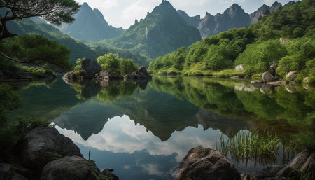 Majestic mountain range reflects natural beauty in tranquil scene generated by artificial intelligenceの素材