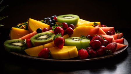 Colorful fruit salad with fresh berries, kiwi, and melon slices generated by artificial intelligenceの素材
