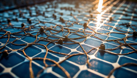 Abstract metal fishing net catches blue fish in nature water generated by artificial intelligenceの素材