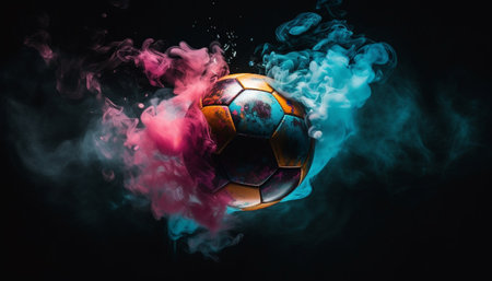 Abstract soccer ball in motion, glowing with success and speed generated by artificial intelligenceの素材