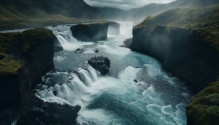 Majestic mountain range, tranquil scene, liquid flowing water, green forest generated by artificial intelligenceの素材