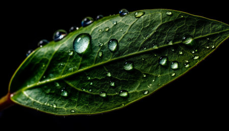 Fresh green leaf with dew drop, wet and vibrant beauty generated by artificial intelligenceの素材