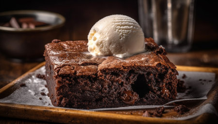 Indulgent homemade dark chocolate brownie on rustic wood plate generated by artificial intelligenceの素材
