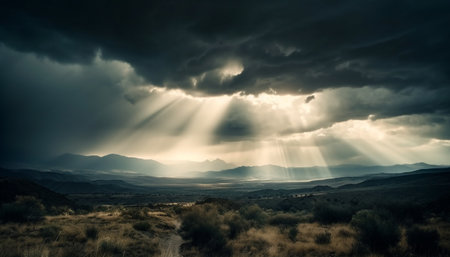 Panoramic rural scene with majestic mountain range and moody sky generated by artificial intelligenceの素材