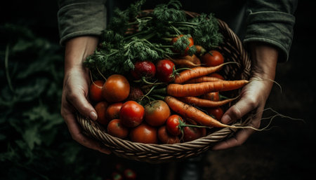 Organic farmer holds fresh vegetables in rustic basket outdoors generated by artificial intelligenceの素材