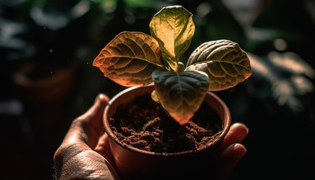 Adult holding small seedling in green flower pot for growth generated by artificial intelligenceの素材