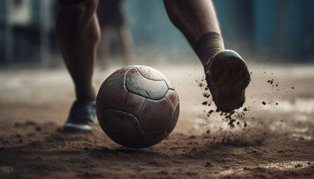 Handsome athlete kicking soccer ball on grass playing field outdoors generated by artificial intelligenceの素材