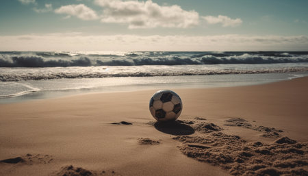 Playing soccer on the beach at sunset, a perfect vacation activity generated by artificial intelligenceの素材