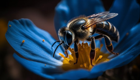 Busy honey bee pollinates yellow flower, collecting pollen for honey generated by artificial intelligenceの素材