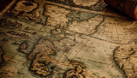 Antique world map on paper, stained and dirty with selective focus generated by artificial intelligenceの素材