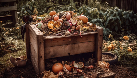 Rustic pumpkin basket filled with organic autumn harvest abundance generated by artificial intelligenceの素材