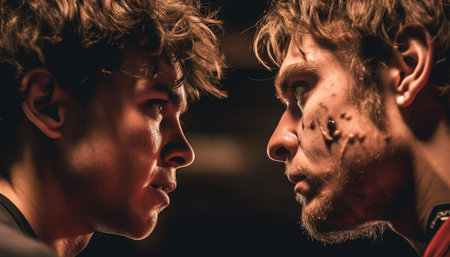 two angry men looking at faces generated by artificial intelligenceの素材
