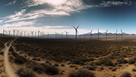 Wind turbines spinning in a row, powering sustainable resources efficiently generated by artificial intelligenceの素材
