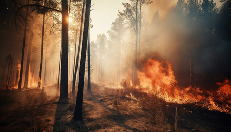 Spooky mystery forest inferno destroys natural beauty in non urban scene generated by artificial intelligenceの素材