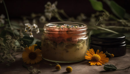 Organic dessert with fresh fruit and chamomile herb on rustic table generated by artificial intelligenceの素材