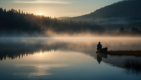 One person fishing in tranquil water, surrounded by nature generated by artificial intelligenceの素材