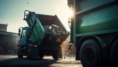 Trucking industry delivers heavy cargo, working outdoors with construction machinery generated by artificial intelligenceの素材